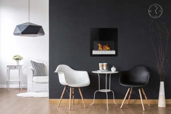 Board Bioethanol Fireplace – Black and white in a home setting